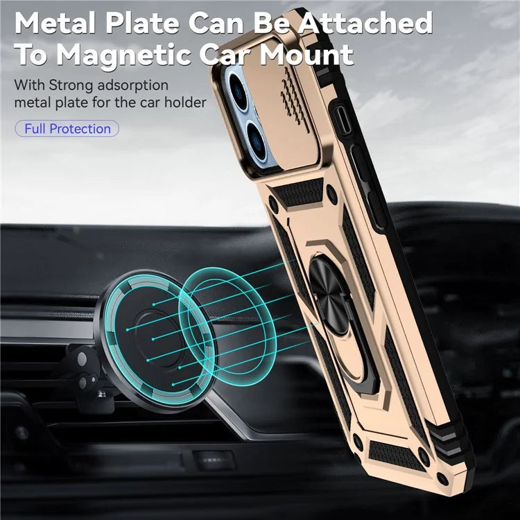 For iPhone 14 Pro Case PC + TPU Ring Kickstand Phone Cover with Slide Camera Shield