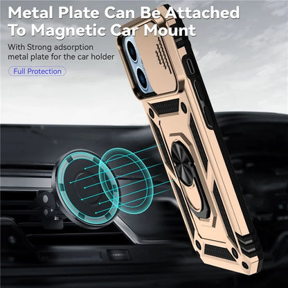 For iPhone 14 Pro Case PC + TPU Ring Kickstand Phone Cover with Slide Camera Shield