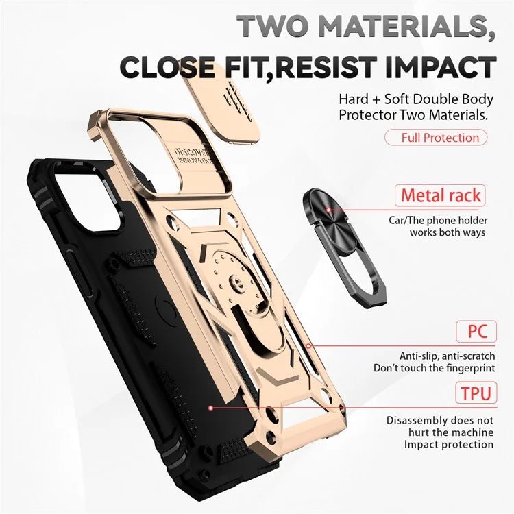 For iPhone 14 Pro Case PC + TPU Ring Kickstand Phone Cover with Slide Camera Shield