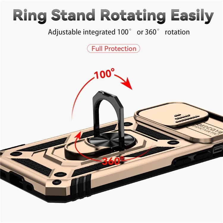 For iPhone 14 Pro Case PC + TPU Ring Kickstand Phone Cover with Slide Camera Shield