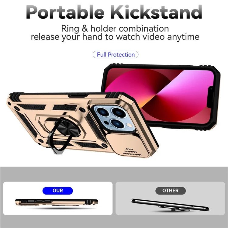 For iPhone 14 Pro Case PC + TPU Ring Kickstand Phone Cover with Slide Camera Shield