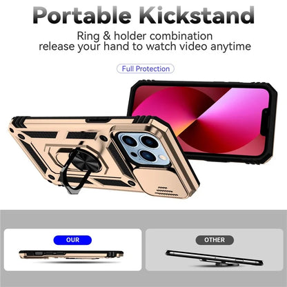 For iPhone 14 Pro Case PC + TPU Ring Kickstand Phone Cover with Slide Camera Shield