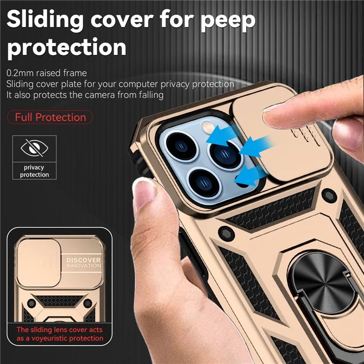 For iPhone 14 Pro Case PC + TPU Ring Kickstand Phone Cover with Slide Camera Shield