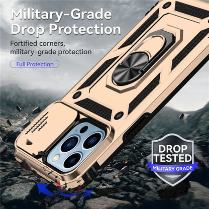 For iPhone 14 Pro Case PC + TPU Ring Kickstand Phone Cover with Slide Camera Shield
