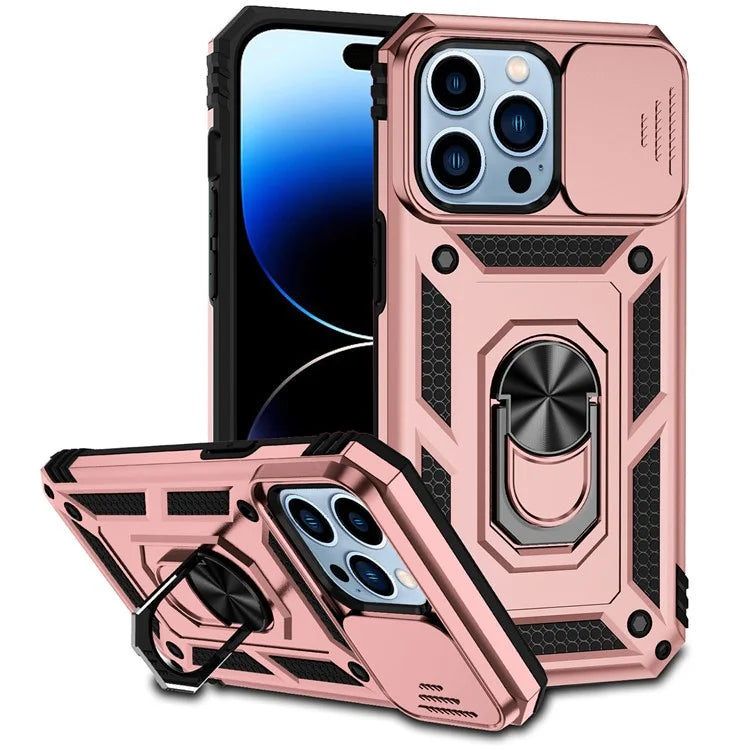 For iPhone 14 Pro Case PC + TPU Ring Kickstand Phone Cover with Slide Camera Shield