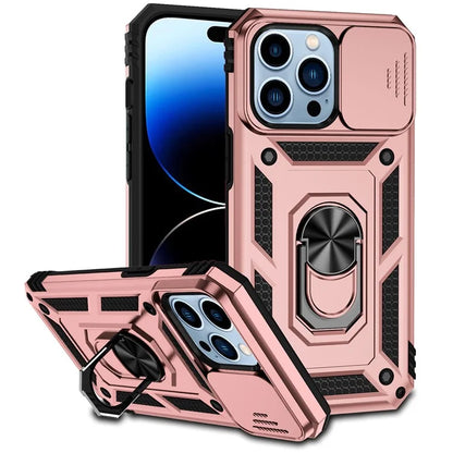 For iPhone 14 Pro Case PC + TPU Ring Kickstand Phone Cover with Slide Camera Shield