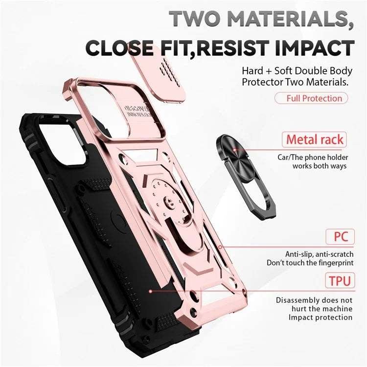 For iPhone 14 Pro Case PC + TPU Ring Kickstand Phone Cover with Slide Camera Shield