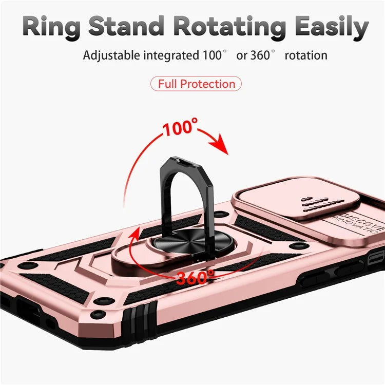 For iPhone 14 Pro Case PC + TPU Ring Kickstand Phone Cover with Slide Camera Shield