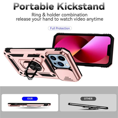 For iPhone 14 Pro Case PC + TPU Ring Kickstand Phone Cover with Slide Camera Shield