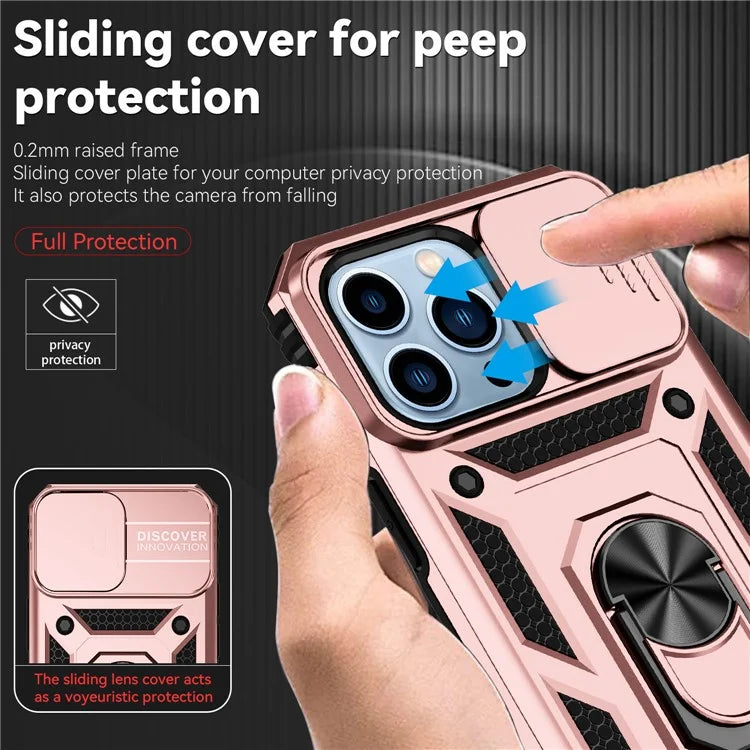 For iPhone 14 Pro Case PC + TPU Ring Kickstand Phone Cover with Slide Camera Shield