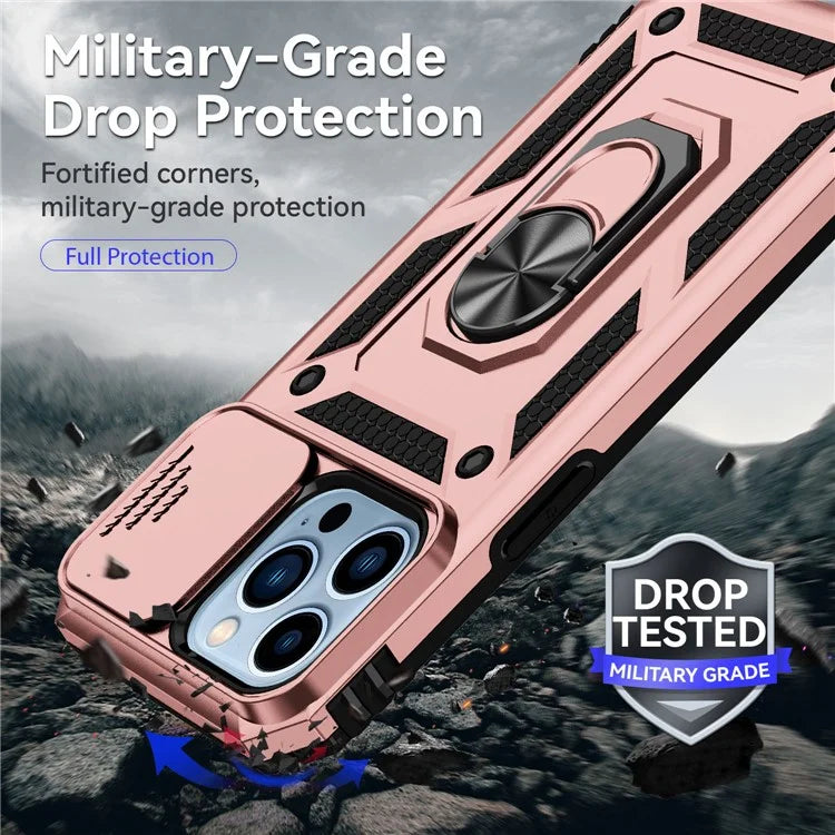 For iPhone 14 Pro Case PC + TPU Ring Kickstand Phone Cover with Slide Camera Shield