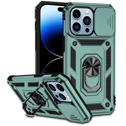 For iPhone 14 Pro Case PC + TPU Ring Kickstand Phone Cover with Slide Camera Shield
