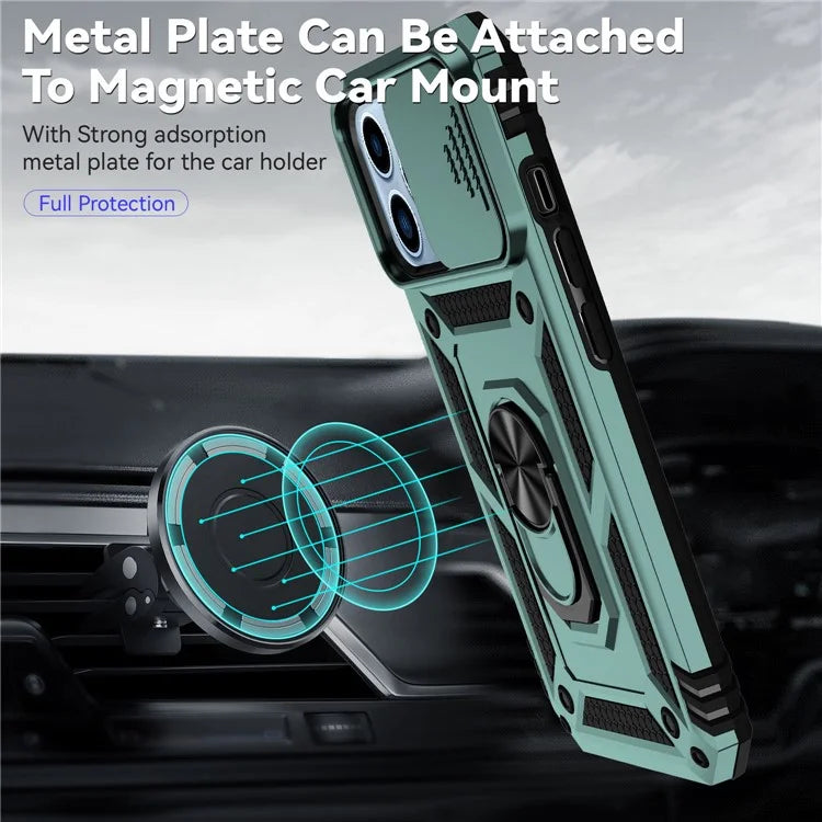For iPhone 14 Pro Case PC + TPU Ring Kickstand Phone Cover with Slide Camera Shield