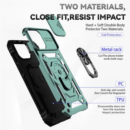 For iPhone 14 Pro Case PC + TPU Ring Kickstand Phone Cover with Slide Camera Shield