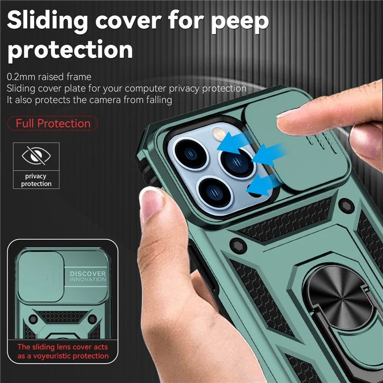 For iPhone 14 Pro Case PC + TPU Ring Kickstand Phone Cover with Slide Camera Shield