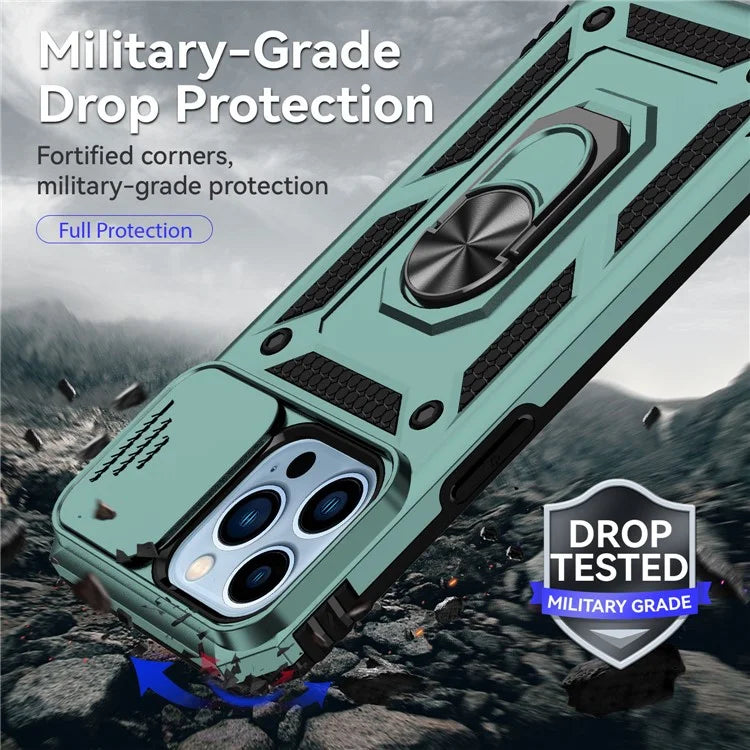For iPhone 14 Pro Case PC + TPU Ring Kickstand Phone Cover with Slide Camera Shield