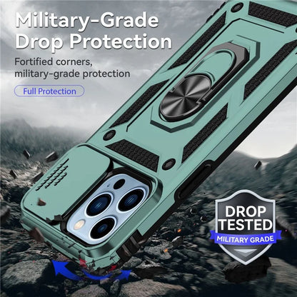 For iPhone 14 Pro Case PC + TPU Ring Kickstand Phone Cover with Slide Camera Shield