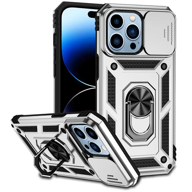 For iPhone 14 Pro Case PC + TPU Ring Kickstand Phone Cover with Slide Camera Shield
