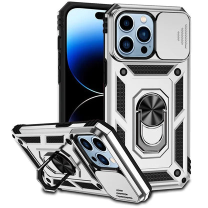 For iPhone 14 Pro Case PC + TPU Ring Kickstand Phone Cover with Slide Camera Shield