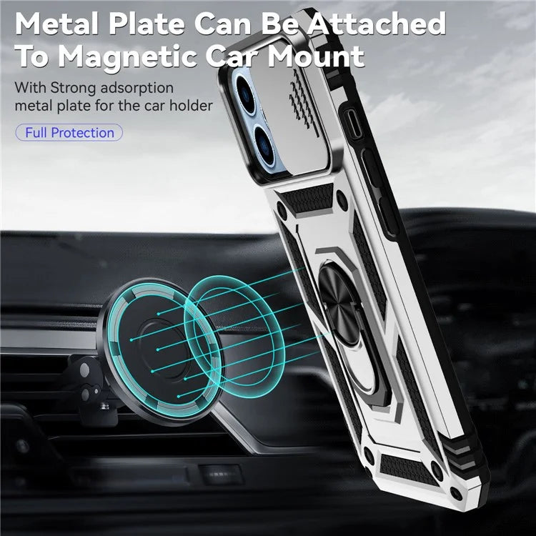 For iPhone 14 Pro Case PC + TPU Ring Kickstand Phone Cover with Slide Camera Shield