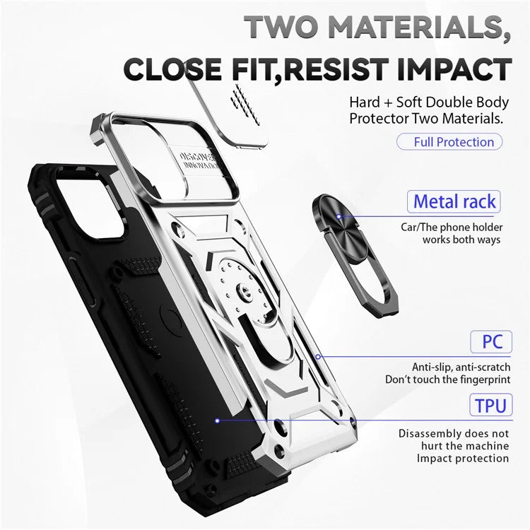 For iPhone 14 Pro Case PC + TPU Ring Kickstand Phone Cover with Slide Camera Shield
