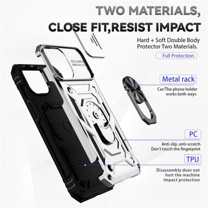 For iPhone 14 Pro Case PC + TPU Ring Kickstand Phone Cover with Slide Camera Shield