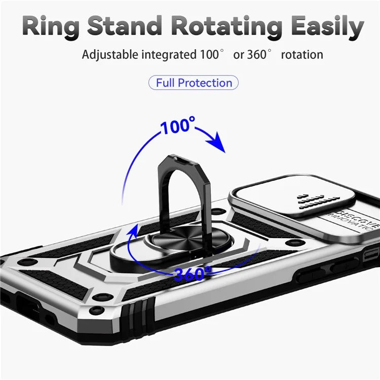 For iPhone 14 Pro Case PC + TPU Ring Kickstand Phone Cover with Slide Camera Shield