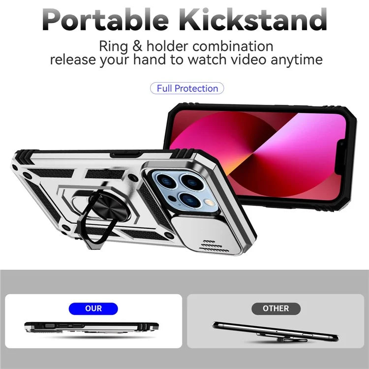 For iPhone 14 Pro Case PC + TPU Ring Kickstand Phone Cover with Slide Camera Shield