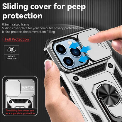 For iPhone 14 Pro Case PC + TPU Ring Kickstand Phone Cover with Slide Camera Shield