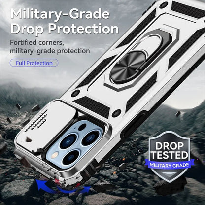For iPhone 14 Pro Case PC + TPU Ring Kickstand Phone Cover with Slide Camera Shield
