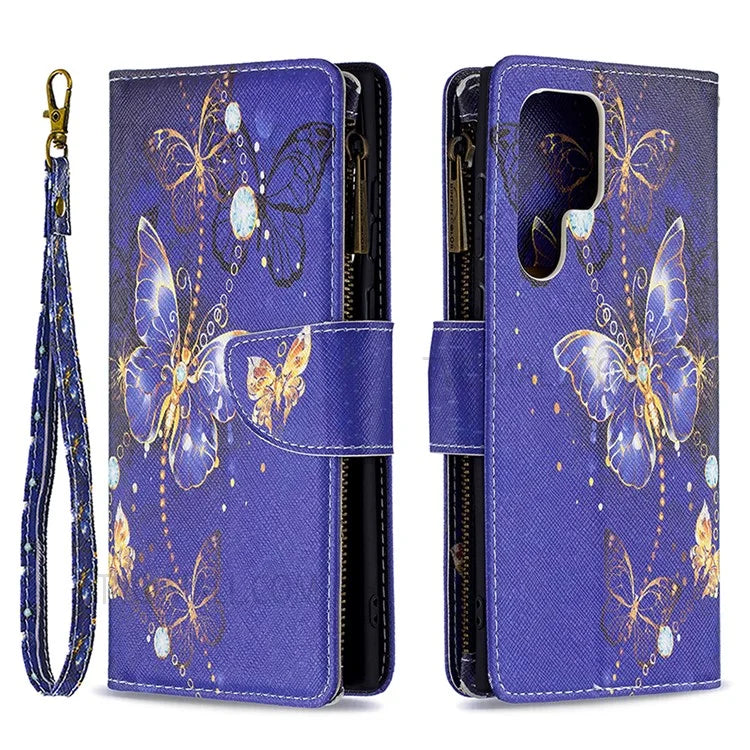 BF03 Pattern Printing PU Leather Magnetic Zipper Pocket Case Stand Flip Wallet Phone Cover with Strap for Samsung Galaxy S22 Ultra 5G