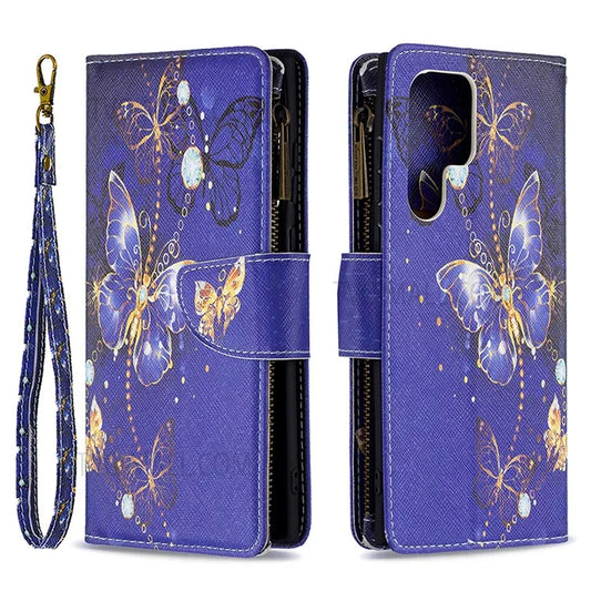 BF03 Pattern Printing PU Leather Magnetic Zipper Pocket Case Stand Flip Wallet Phone Cover with Strap for Samsung Galaxy S22 Ultra 5G