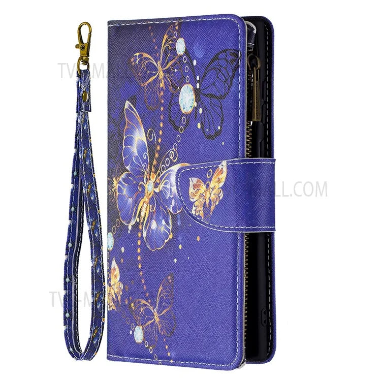 BF03 Pattern Printing PU Leather Magnetic Zipper Pocket Case Stand Flip Wallet Phone Cover with Strap for Samsung Galaxy S22 Ultra 5G
