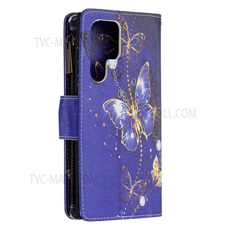BF03 Pattern Printing PU Leather Magnetic Zipper Pocket Case Stand Flip Wallet Phone Cover with Strap for Samsung Galaxy S22 Ultra 5G
