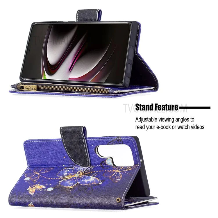 BF03 Pattern Printing PU Leather Magnetic Zipper Pocket Case Stand Flip Wallet Phone Cover with Strap for Samsung Galaxy S22 Ultra 5G