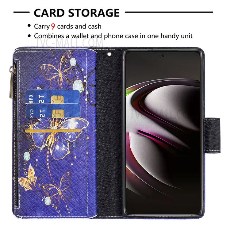 BF03 Pattern Printing PU Leather Magnetic Zipper Pocket Case Stand Flip Wallet Phone Cover with Strap for Samsung Galaxy S22 Ultra 5G