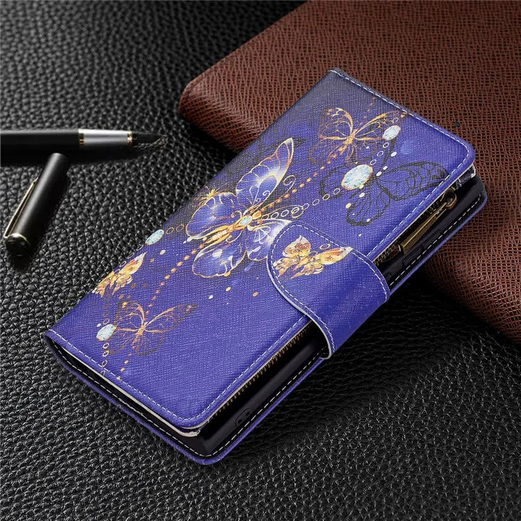BF03 Pattern Printing PU Leather Magnetic Zipper Pocket Case Stand Flip Wallet Phone Cover with Strap for Samsung Galaxy S22 Ultra 5G
