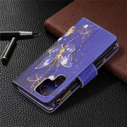 BF03 Pattern Printing PU Leather Magnetic Zipper Pocket Case Stand Flip Wallet Phone Cover with Strap for Samsung Galaxy S22 Ultra 5G