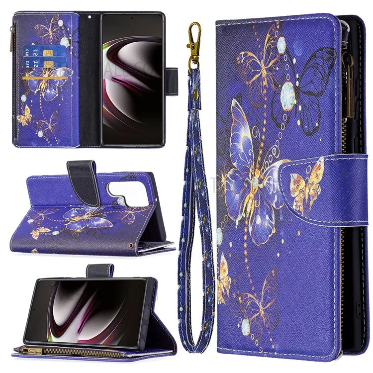 BF03 Pattern Printing PU Leather Magnetic Zipper Pocket Case Stand Flip Wallet Phone Cover with Strap for Samsung Galaxy S22 Ultra 5G