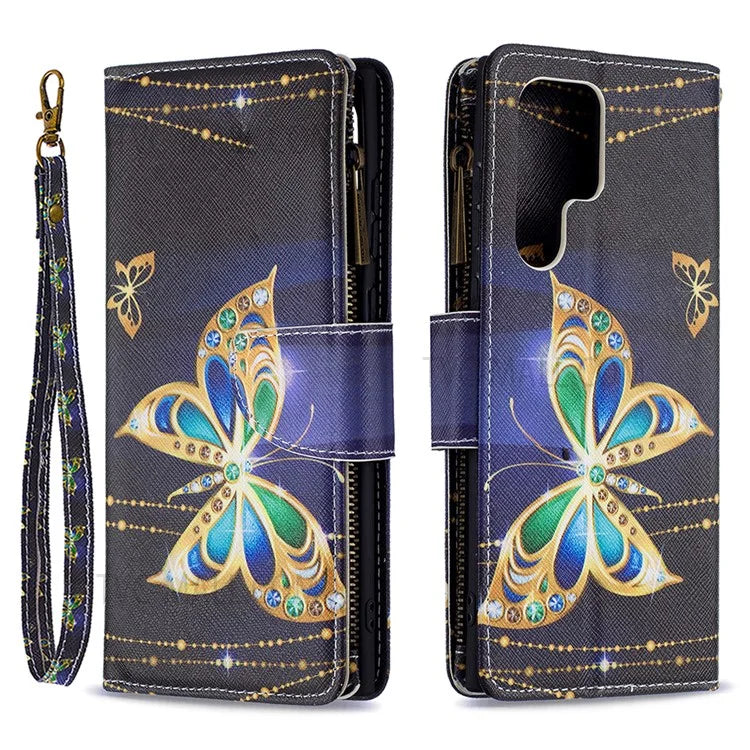 BF03 Pattern Printing PU Leather Magnetic Zipper Pocket Case Stand Flip Wallet Phone Cover with Strap for Samsung Galaxy S22 Ultra 5G