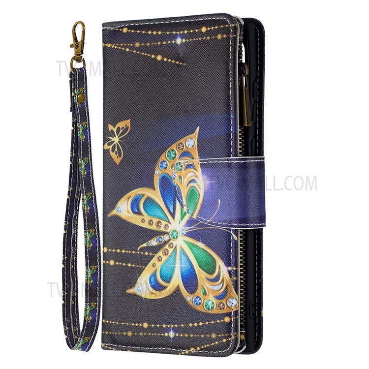 BF03 Pattern Printing PU Leather Magnetic Zipper Pocket Case Stand Flip Wallet Phone Cover with Strap for Samsung Galaxy S22 Ultra 5G