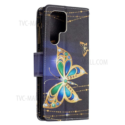 BF03 Pattern Printing PU Leather Magnetic Zipper Pocket Case Stand Flip Wallet Phone Cover with Strap for Samsung Galaxy S22 Ultra 5G