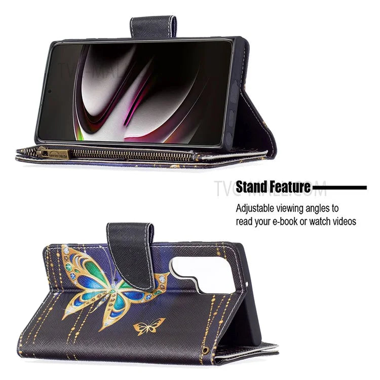 BF03 Pattern Printing PU Leather Magnetic Zipper Pocket Case Stand Flip Wallet Phone Cover with Strap for Samsung Galaxy S22 Ultra 5G