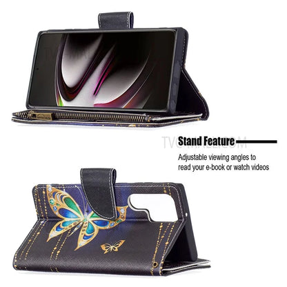 BF03 Pattern Printing PU Leather Magnetic Zipper Pocket Case Stand Flip Wallet Phone Cover with Strap for Samsung Galaxy S22 Ultra 5G