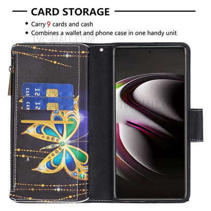 BF03 Pattern Printing PU Leather Magnetic Zipper Pocket Case Stand Flip Wallet Phone Cover with Strap for Samsung Galaxy S22 Ultra 5G
