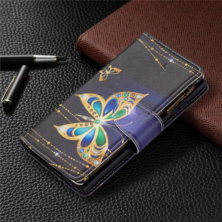 BF03 Pattern Printing PU Leather Magnetic Zipper Pocket Case Stand Flip Wallet Phone Cover with Strap for Samsung Galaxy S22 Ultra 5G