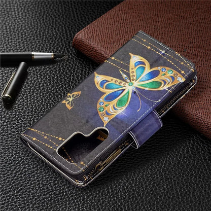 BF03 Pattern Printing PU Leather Magnetic Zipper Pocket Case Stand Flip Wallet Phone Cover with Strap for Samsung Galaxy S22 Ultra 5G