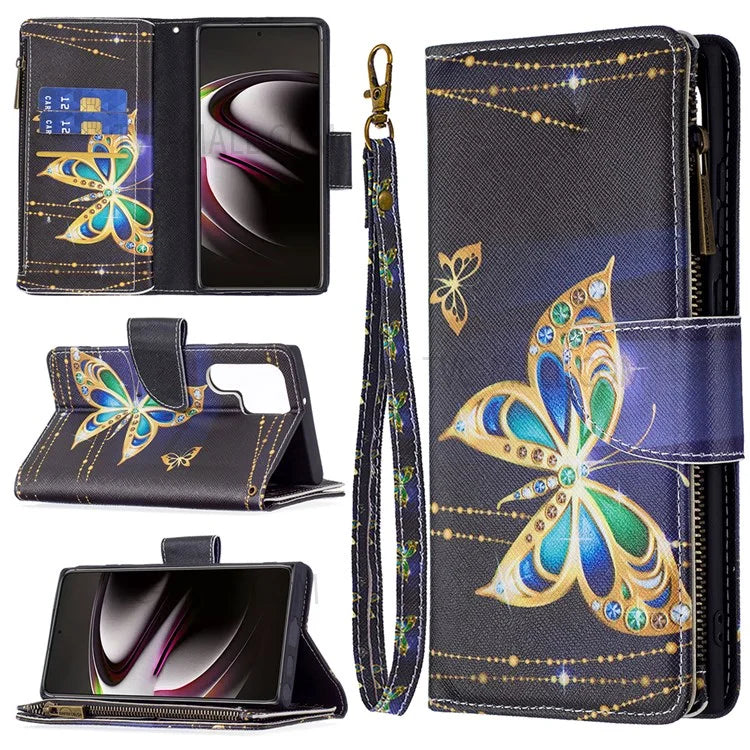 BF03 Pattern Printing PU Leather Magnetic Zipper Pocket Case Stand Flip Wallet Phone Cover with Strap for Samsung Galaxy S22 Ultra 5G