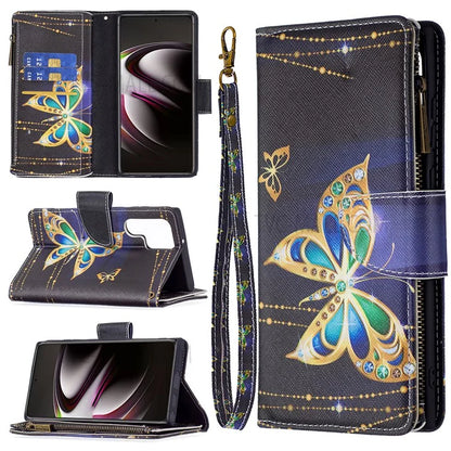 BF03 Pattern Printing PU Leather Magnetic Zipper Pocket Case Stand Flip Wallet Phone Cover with Strap for Samsung Galaxy S22 Ultra 5G