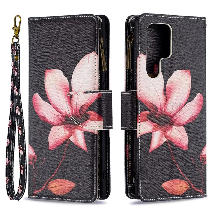 BF03 Pattern Printing PU Leather Magnetic Zipper Pocket Case Stand Flip Wallet Phone Cover with Strap for Samsung Galaxy S22 Ultra 5G